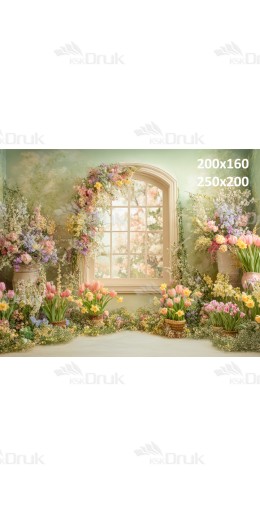 Tło fotograficzne „Wiosenny ogród z pastelowym oknem i tulipanami” | E632